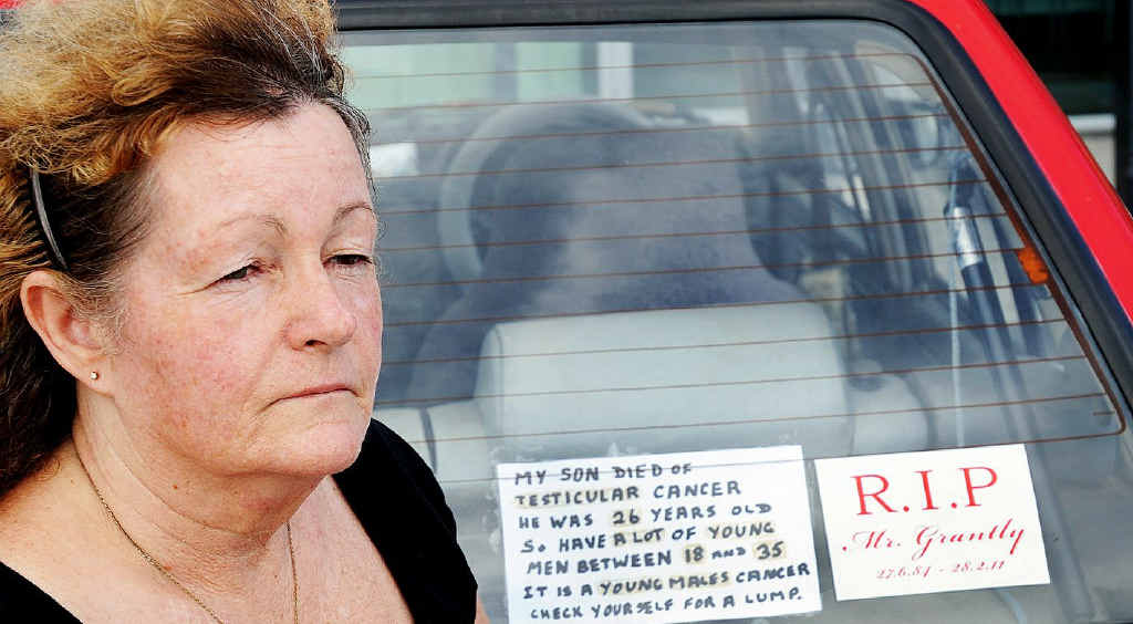 Grieving mother Denise Brooks has a note on her car warning young men of the dangers of testicular cancer. Grieving mother Denise Brooks has a note on her car warning young men of the dangers of testicular cancer.